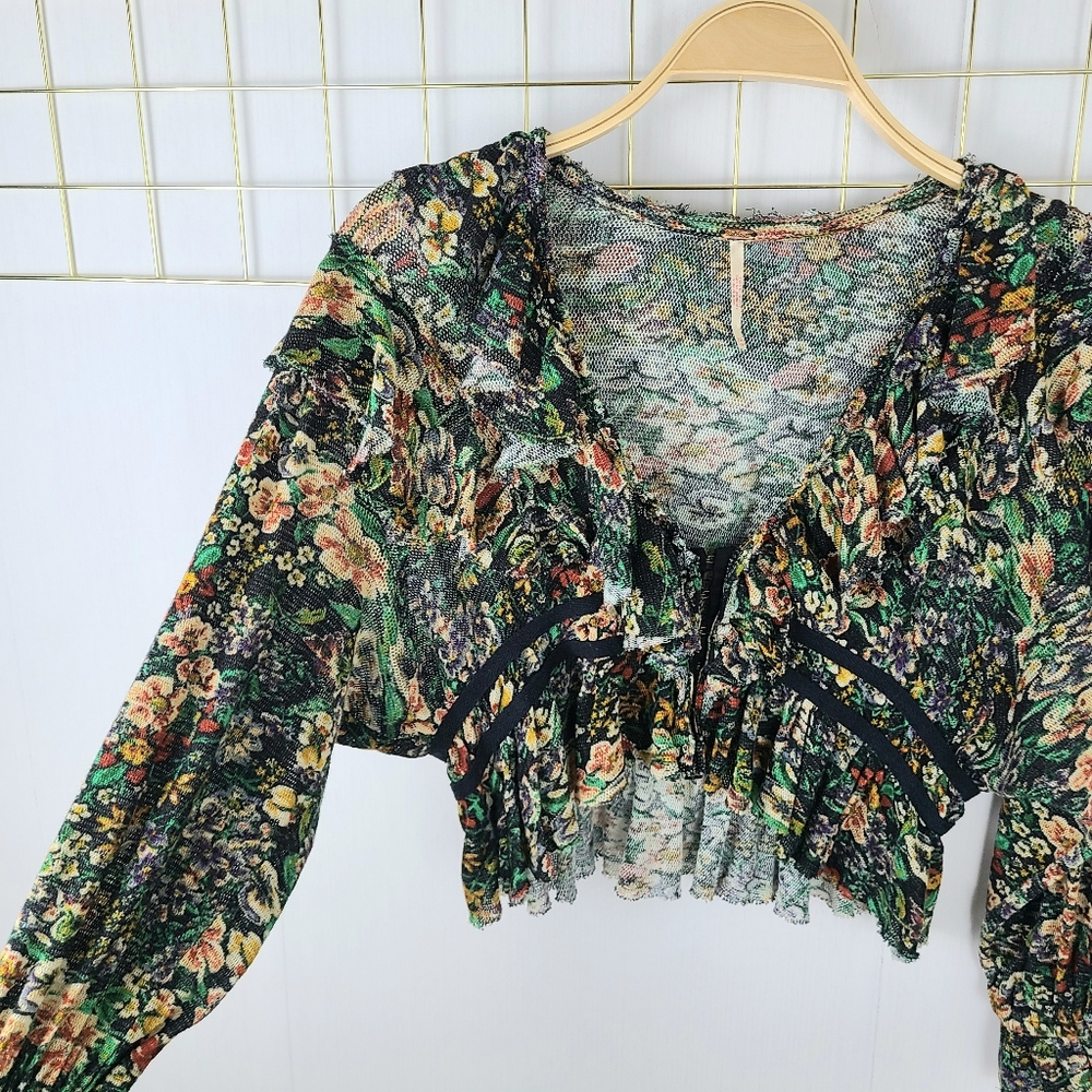 Free People Rudi Ruffle Night Black Orange Floral Garden Printed Top - Picture 6 of 10